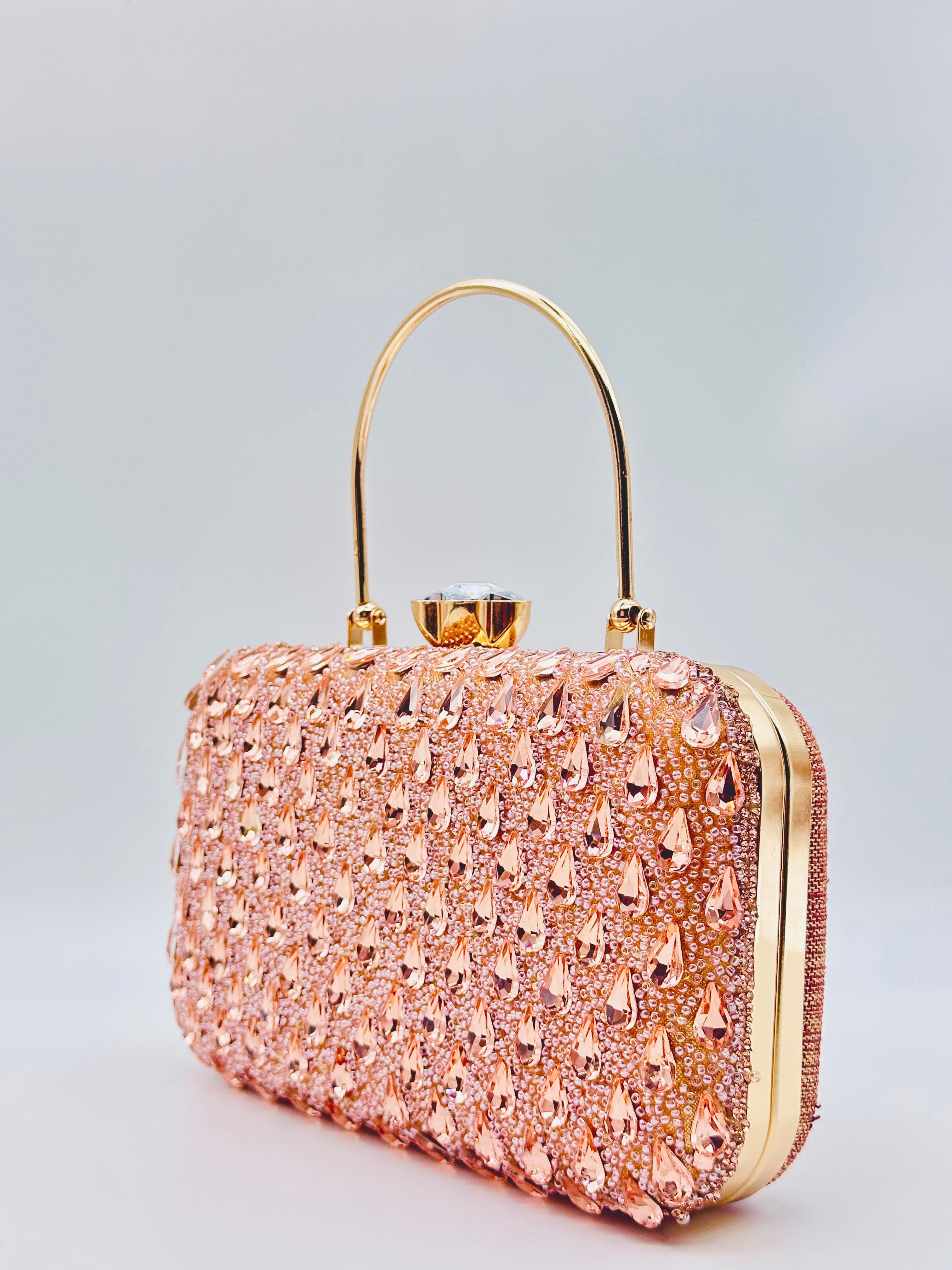 Rose Gold Handcrafted Crystal Embellished Party Clutch