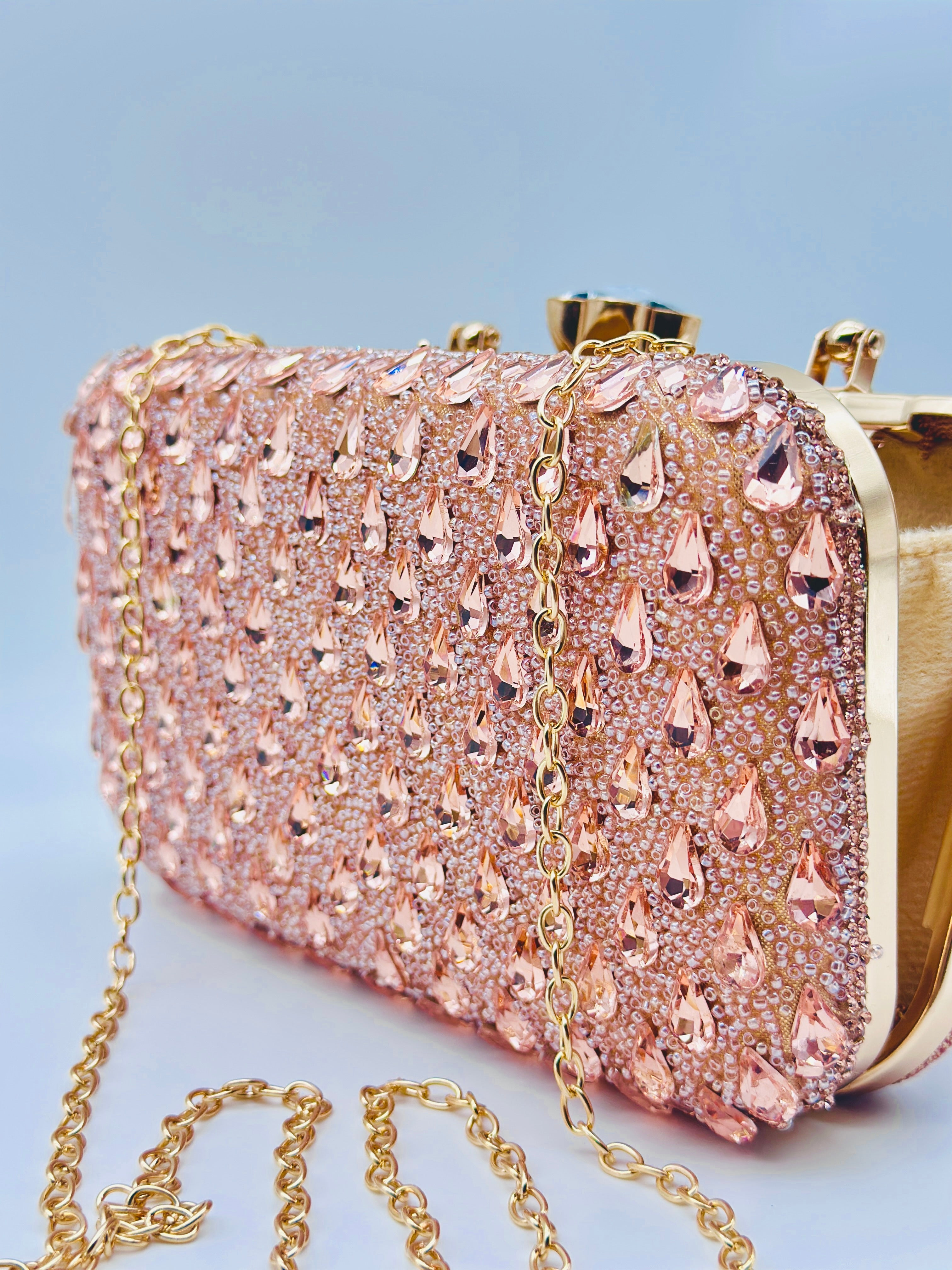 Rose Gold Handcrafted Crystal Embellished Party Clutch