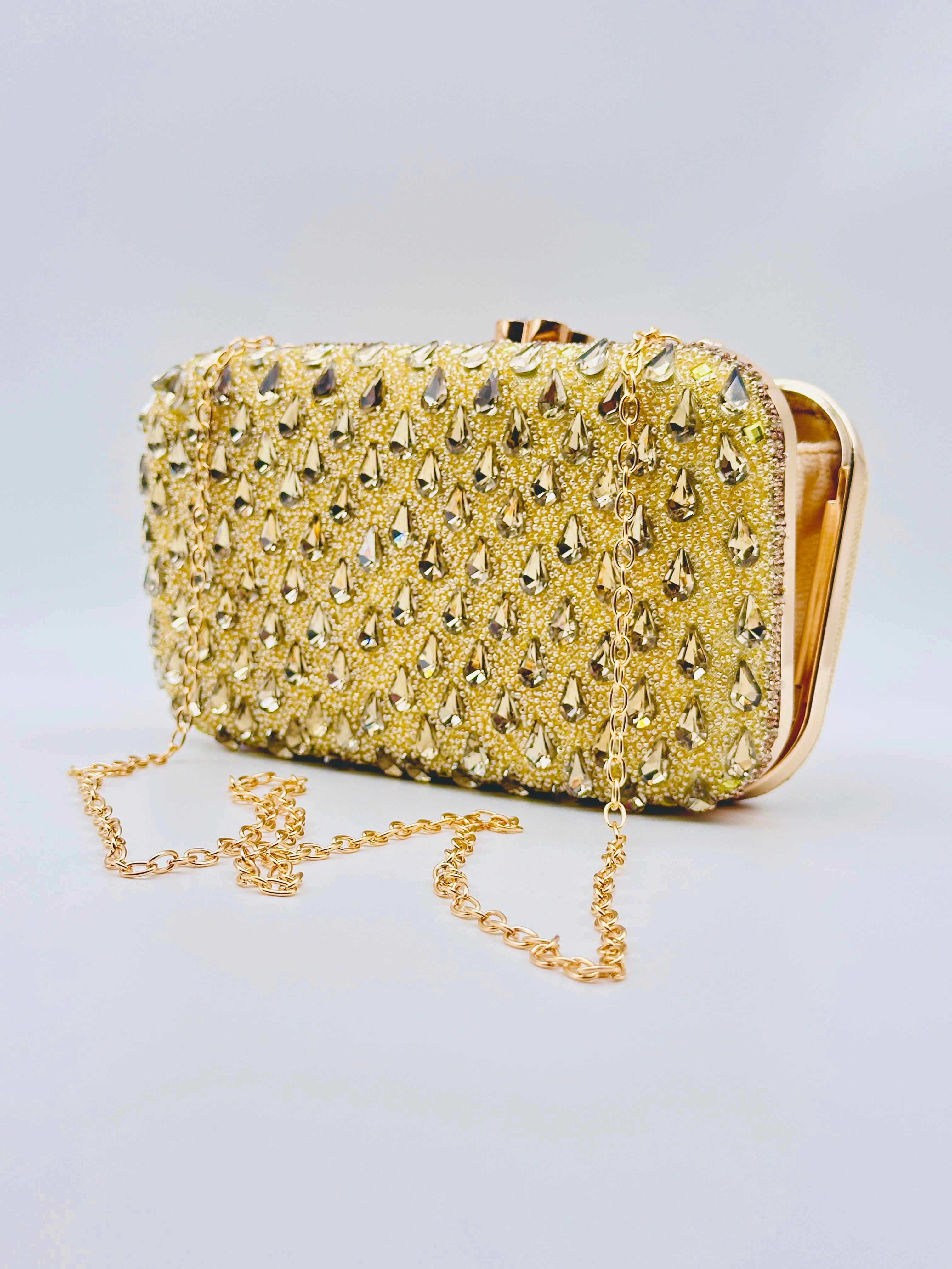 Golden Handcrafted Crystal Embellished Party Clutch