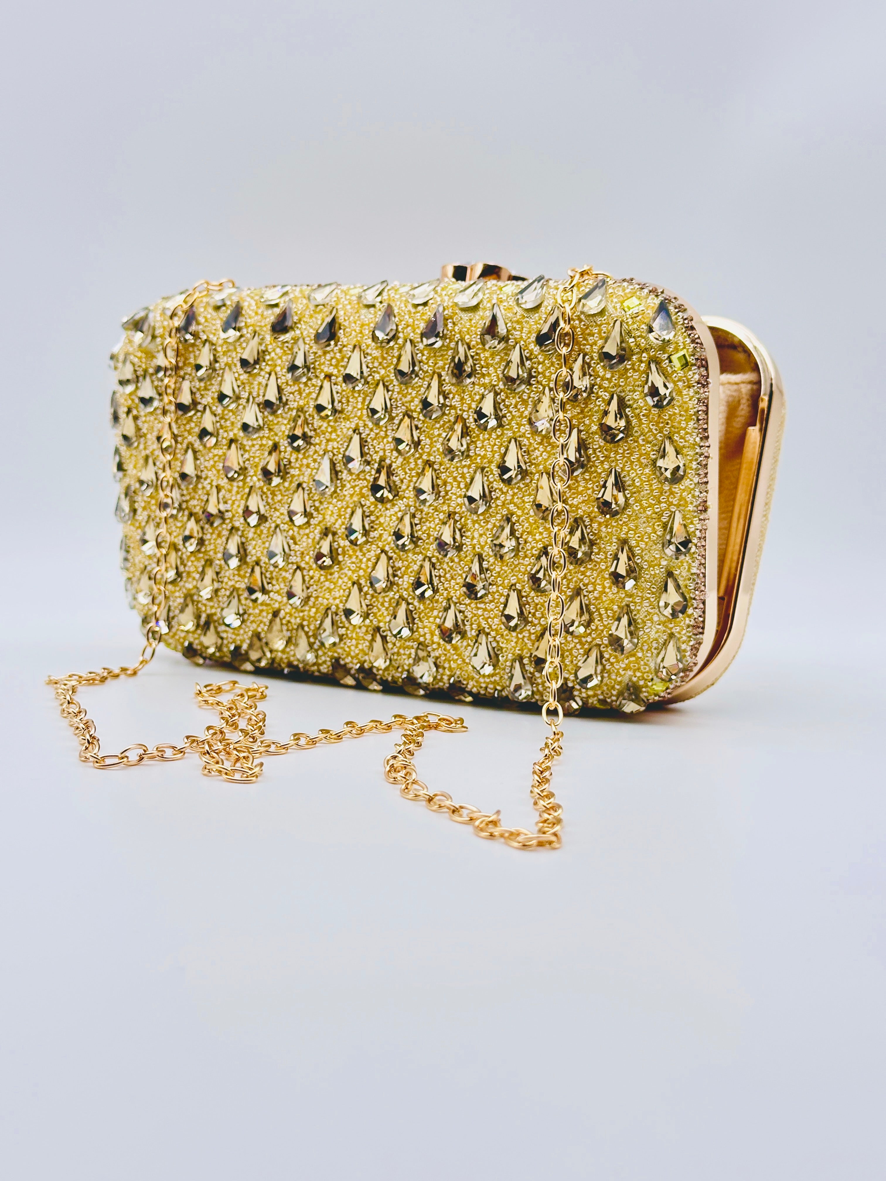 Golden Handcrafted Crystal Embellished Party Clutch