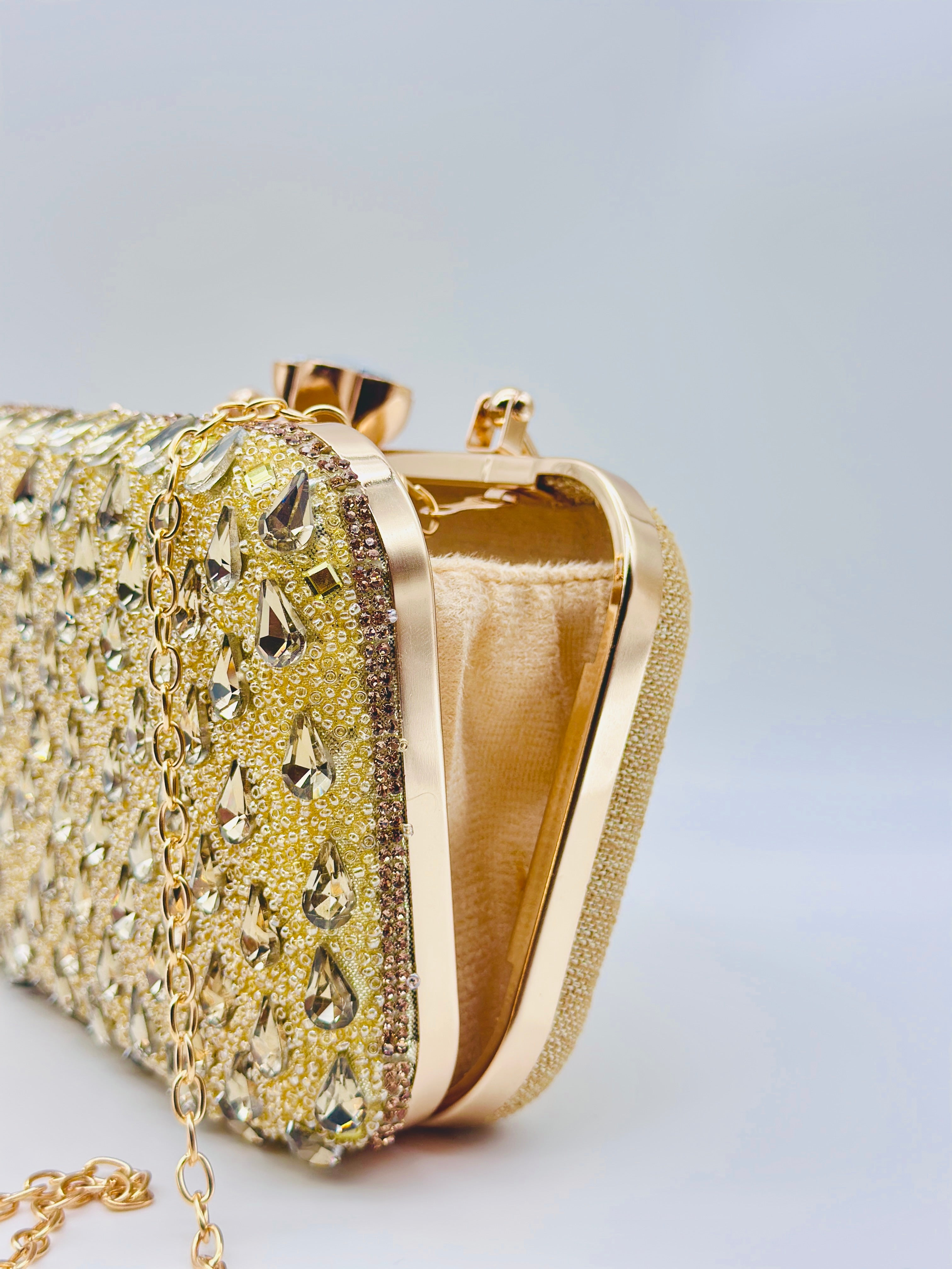 Golden Handcrafted Crystal Embellished Party Clutch