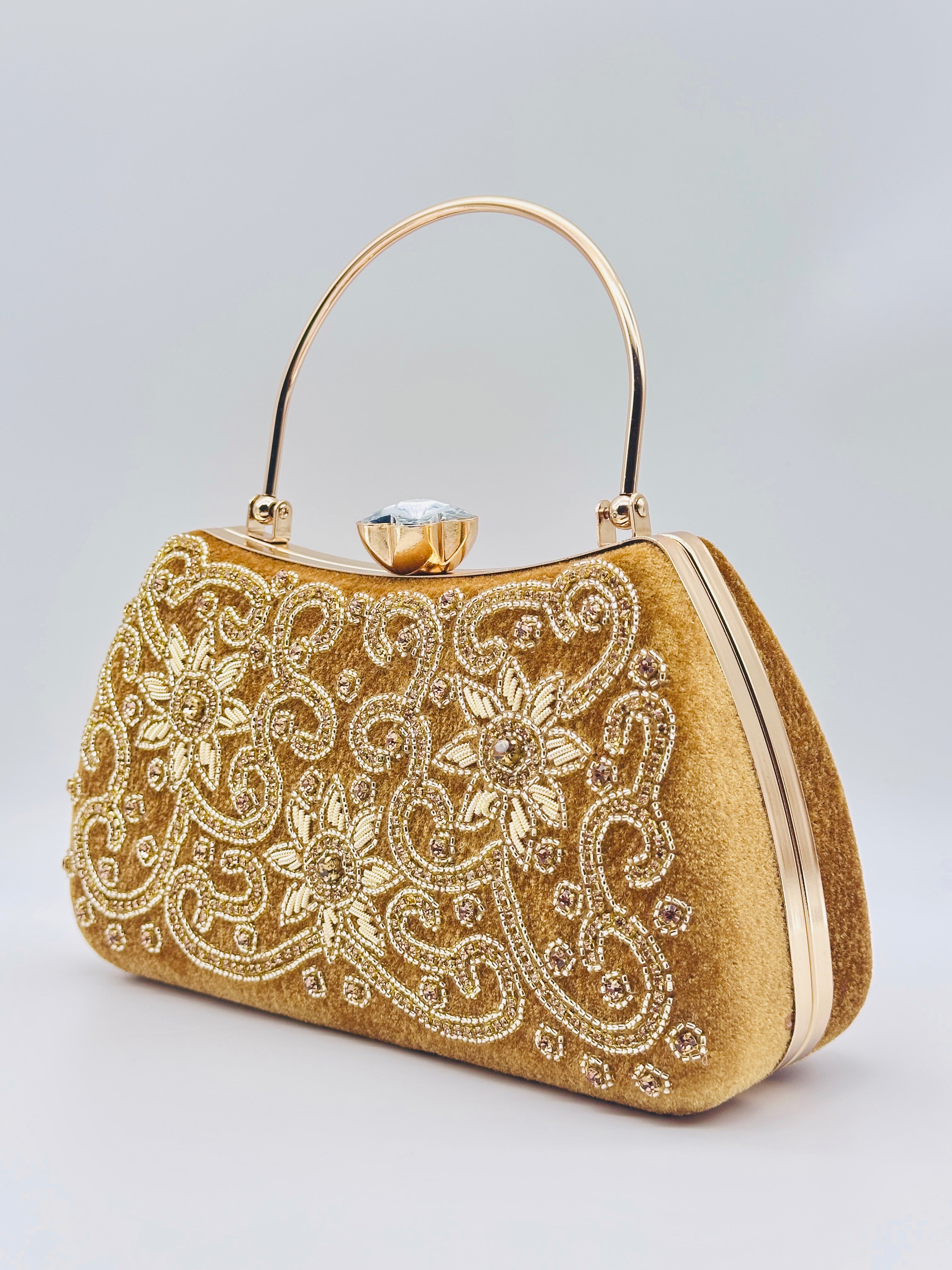 Golden Velvet Luxe Handcrafted Embroidered Floral Clutch