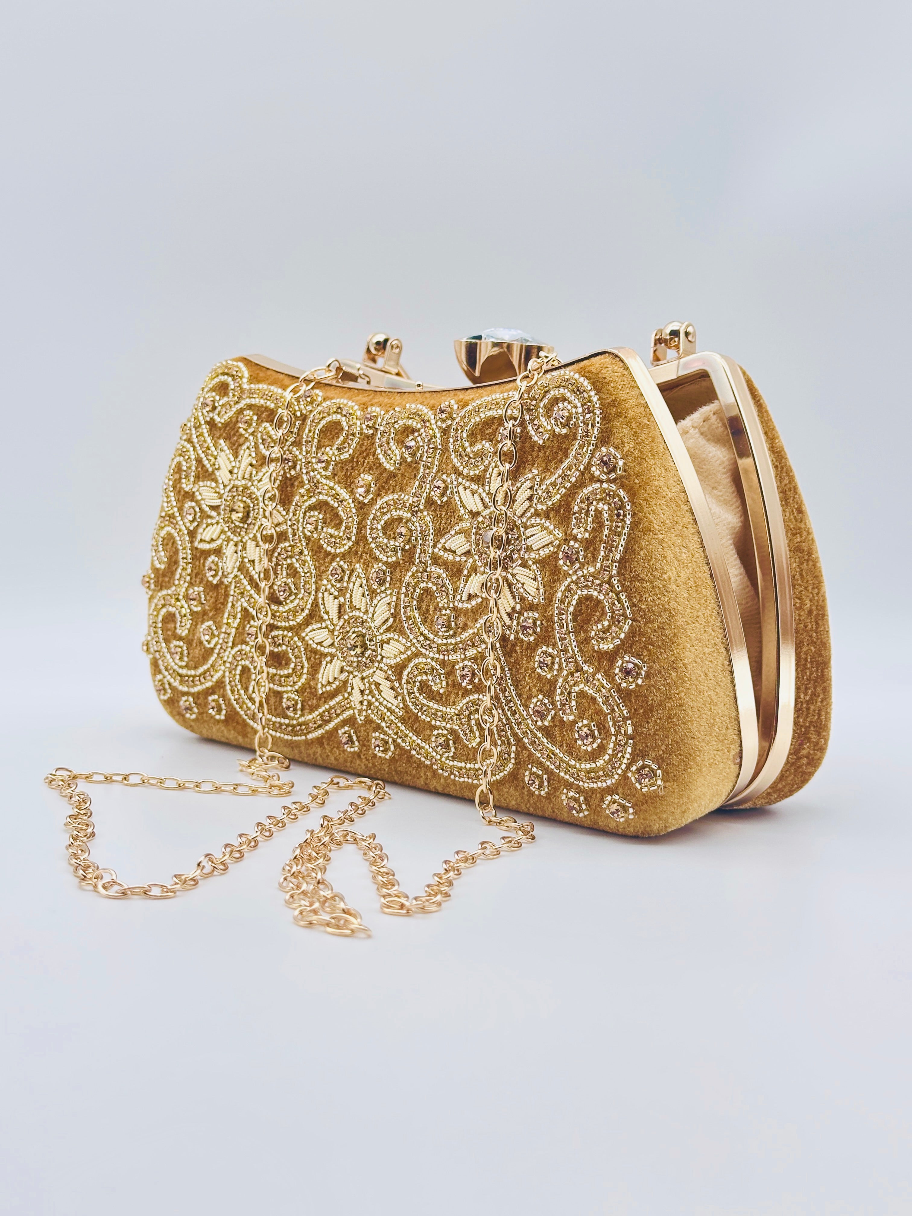 Golden Velvet Luxe Handcrafted Embroidered Floral Clutch