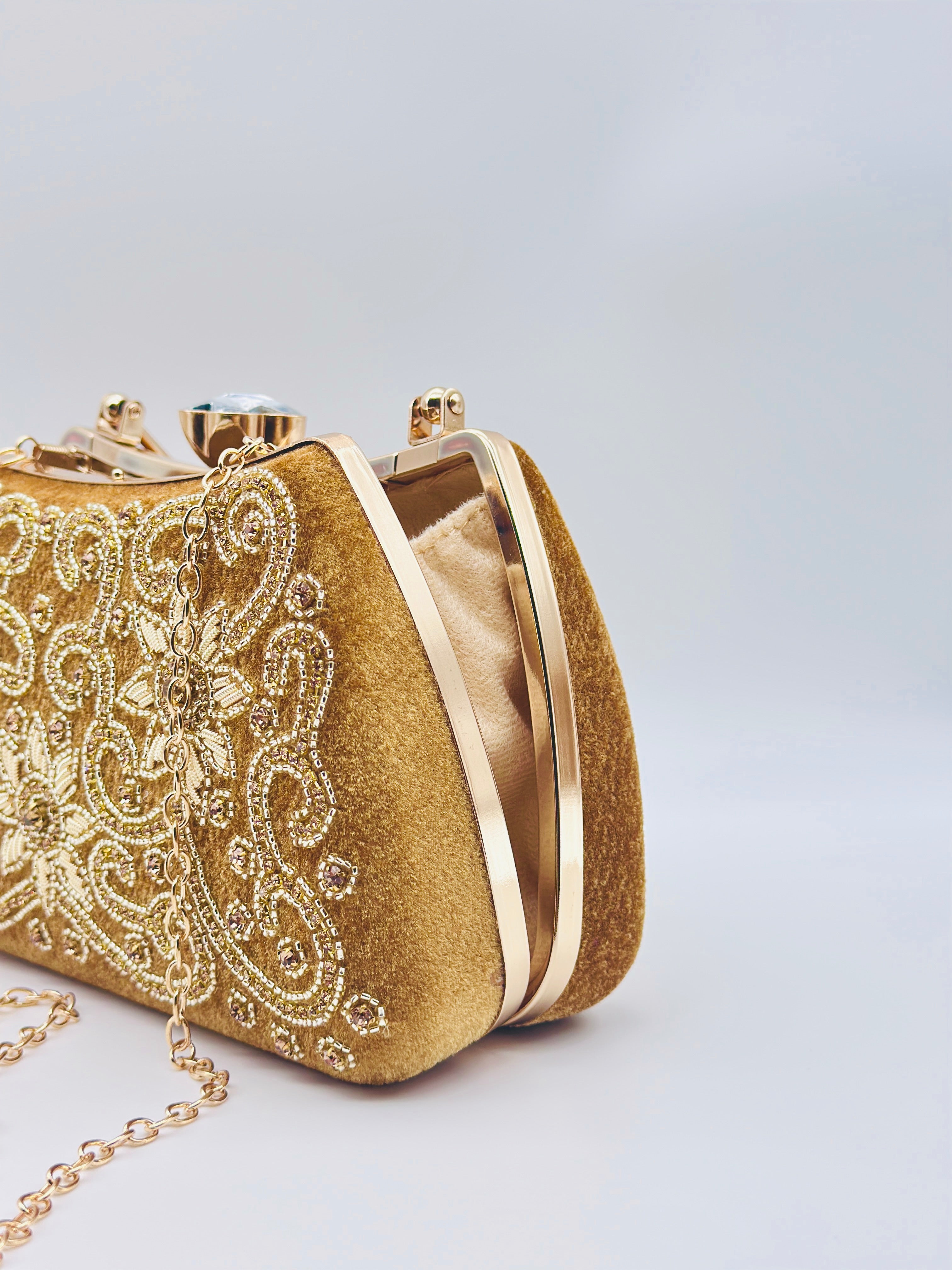 Golden Velvet Luxe Handcrafted Embroidered Floral Clutch