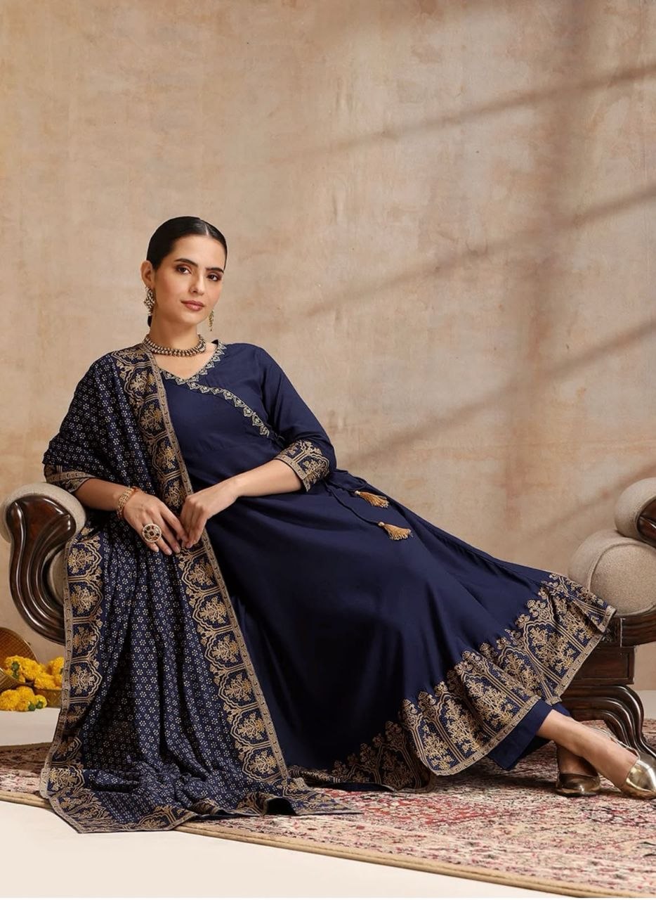 Women’s Navy Blue Printed Anarkali Suit Set with Designer Dupatta