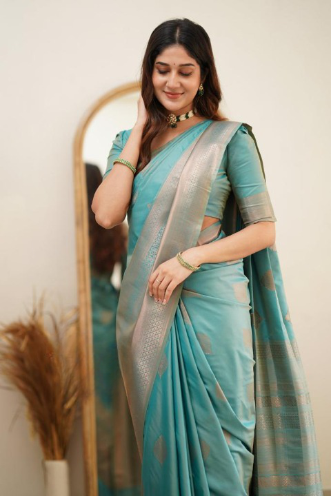Women's Sky Blue Silk Blend Saree with Elegant Solid Weave & Designer Border