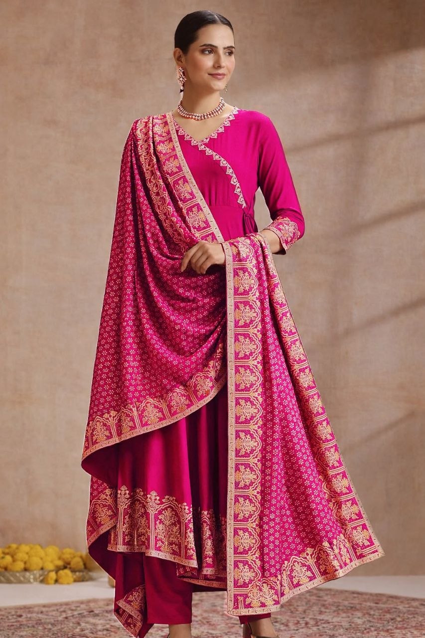 Women’s Magenta Embroidered Anarkali Suit Set with Printed Dupatta