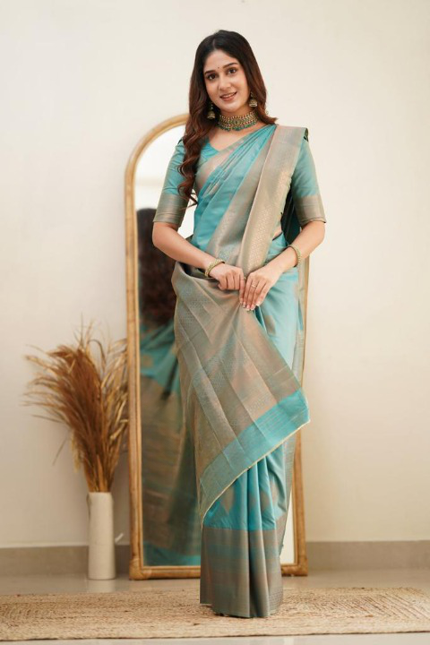 Women's Sky Blue Silk Blend Saree with Elegant Solid Weave & Designer Border