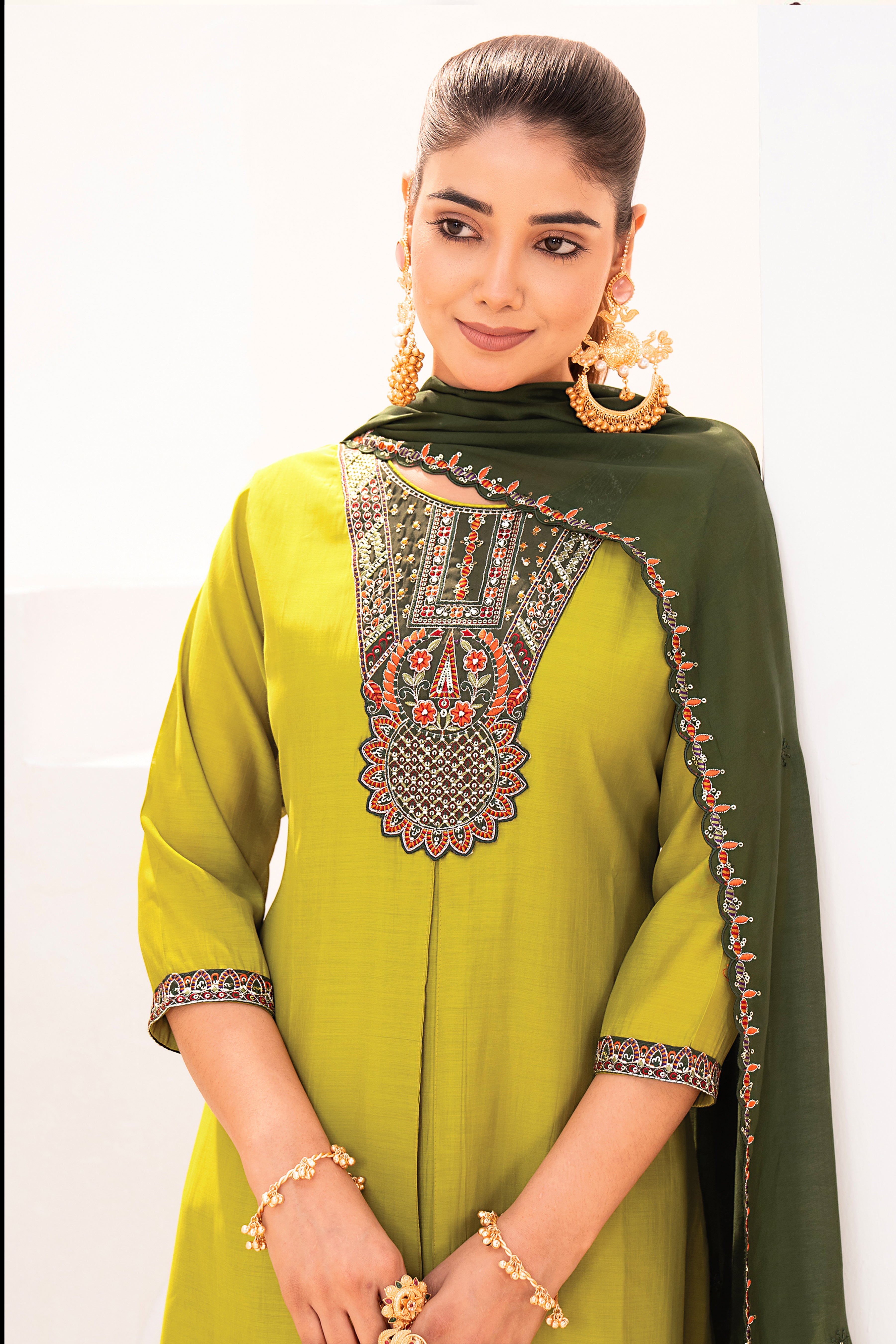 Lime Green Embroidered Straight Kurta Set with Dark Green Dupatta