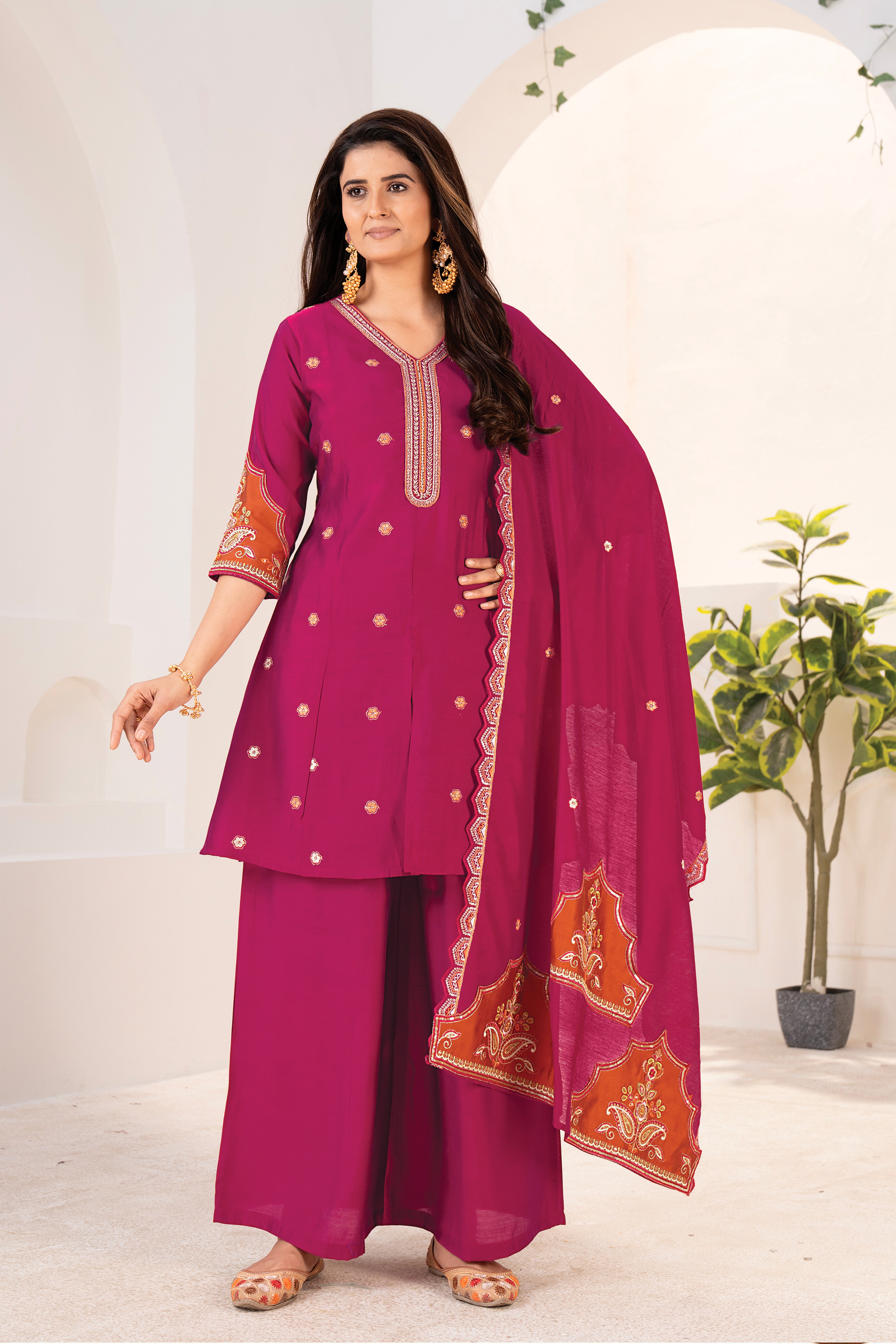 Pink Embroidered Viscose Suit Set with Printed Dupatta