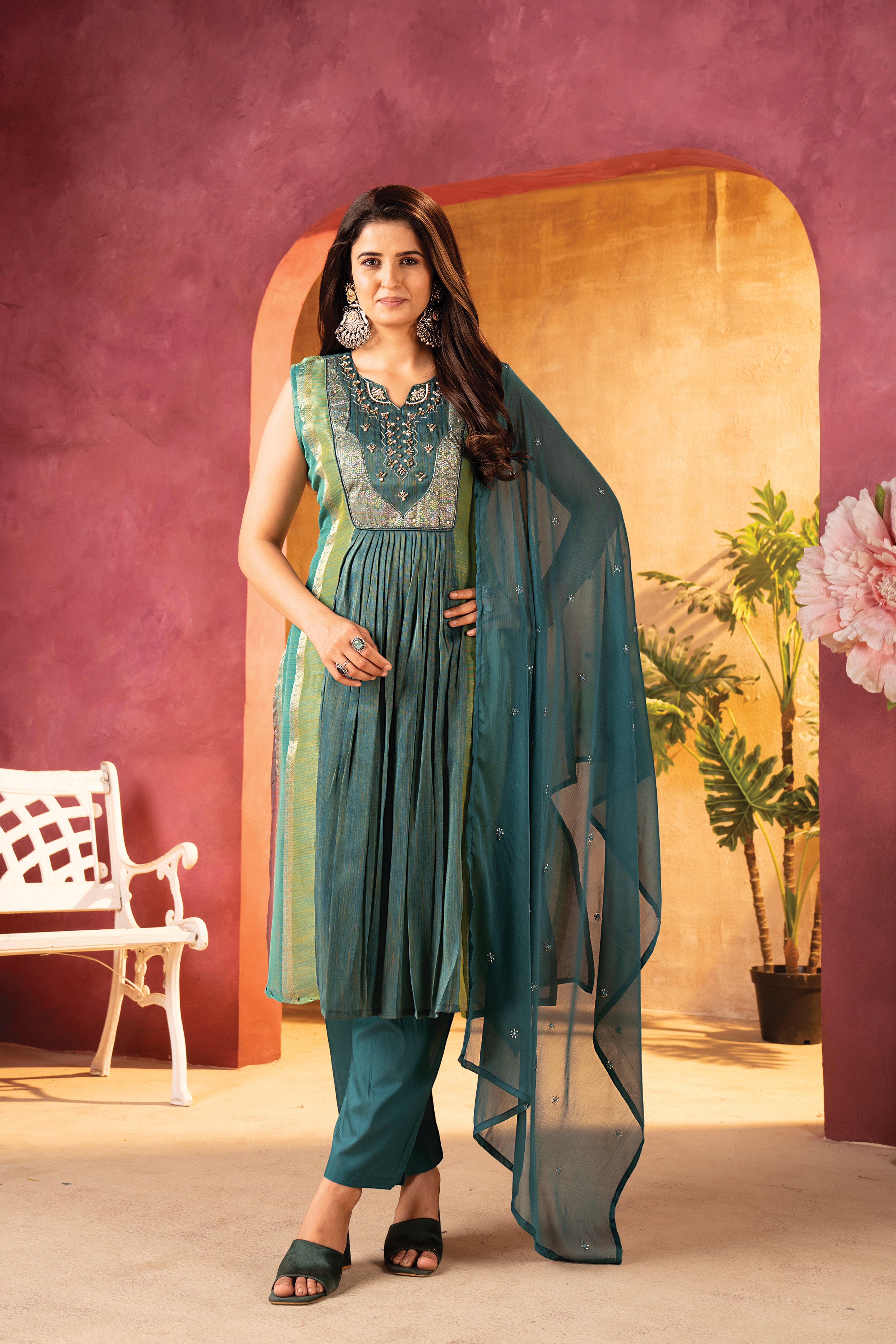 Teal Green Embroidered Sleeveless Kurta Set with Matching Dupatta