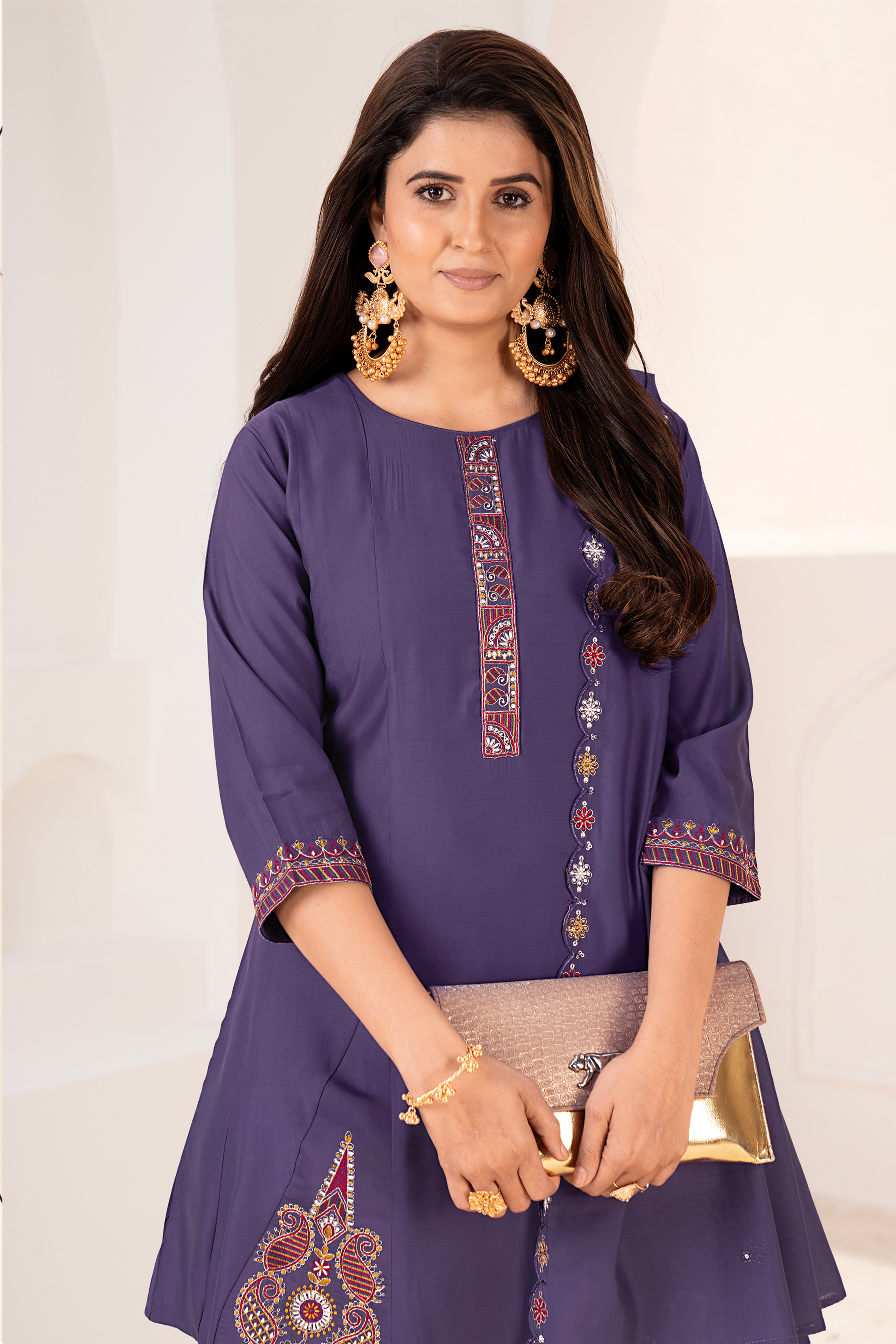 Plum Purple Embroidered Kurta with Palazzo & Matching Dupatta Set