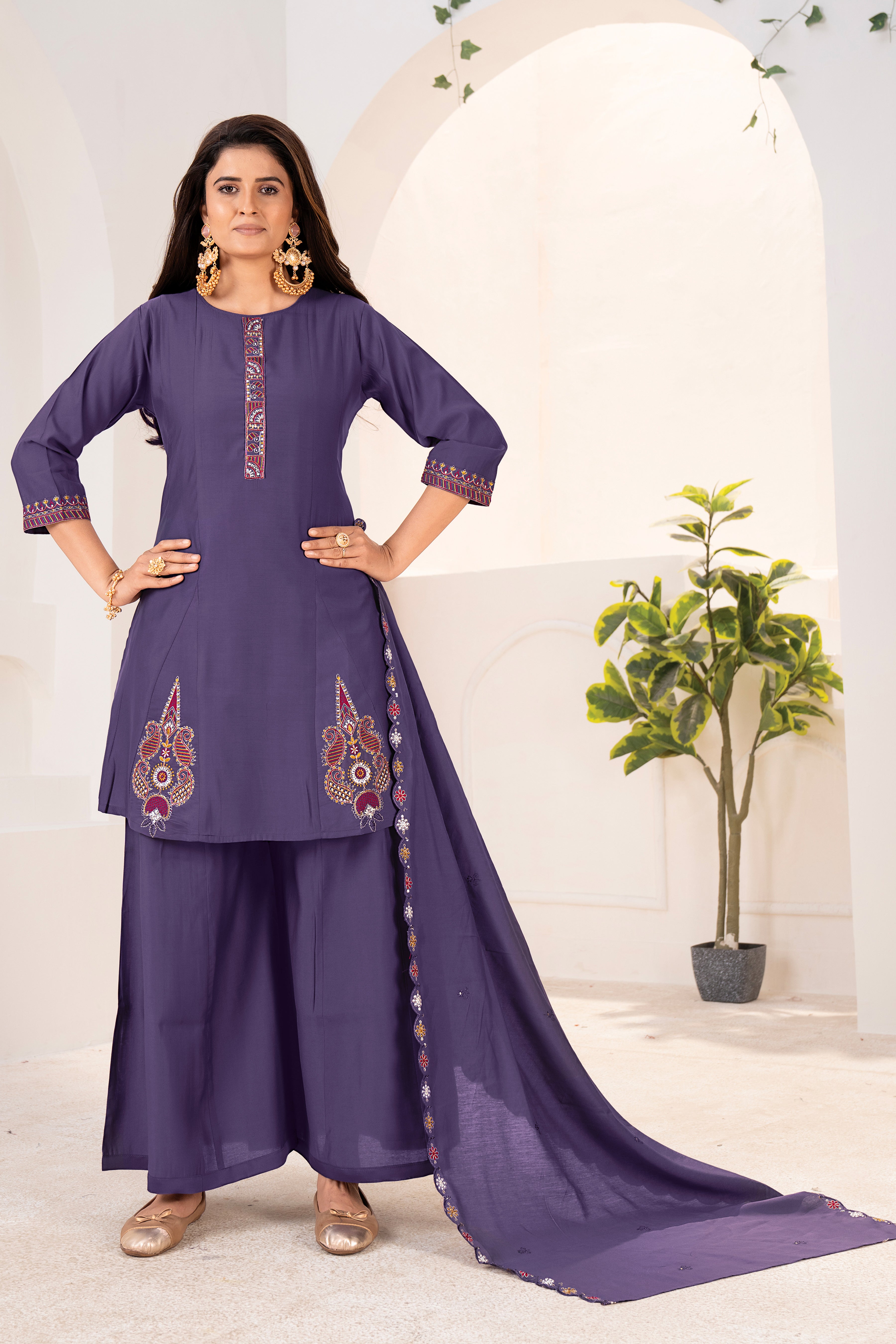 Plum Purple Embroidered Kurta with Palazzo & Matching Dupatta Set