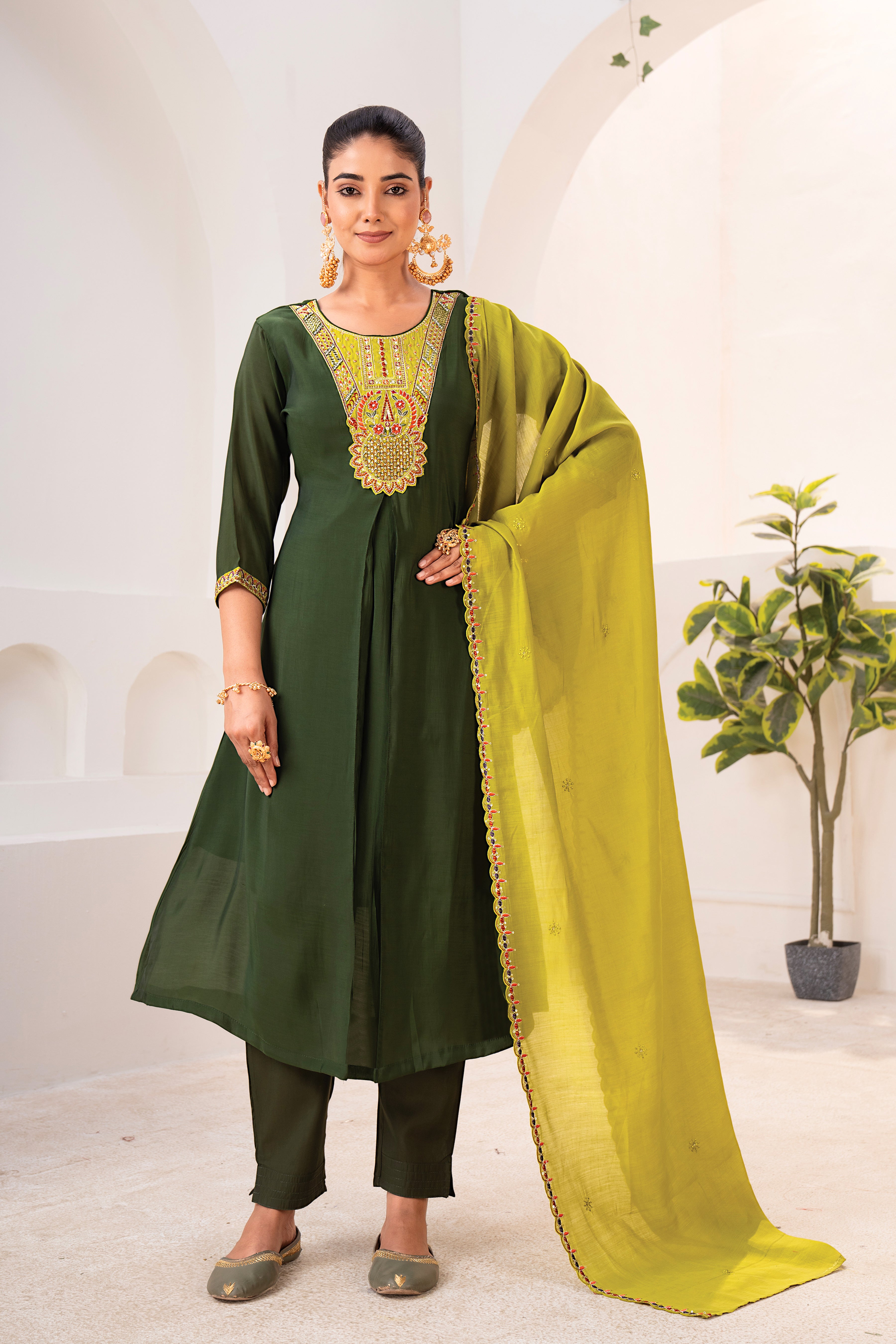 Green Embroidered Straight Kurta Set with Dark Green Dupatta