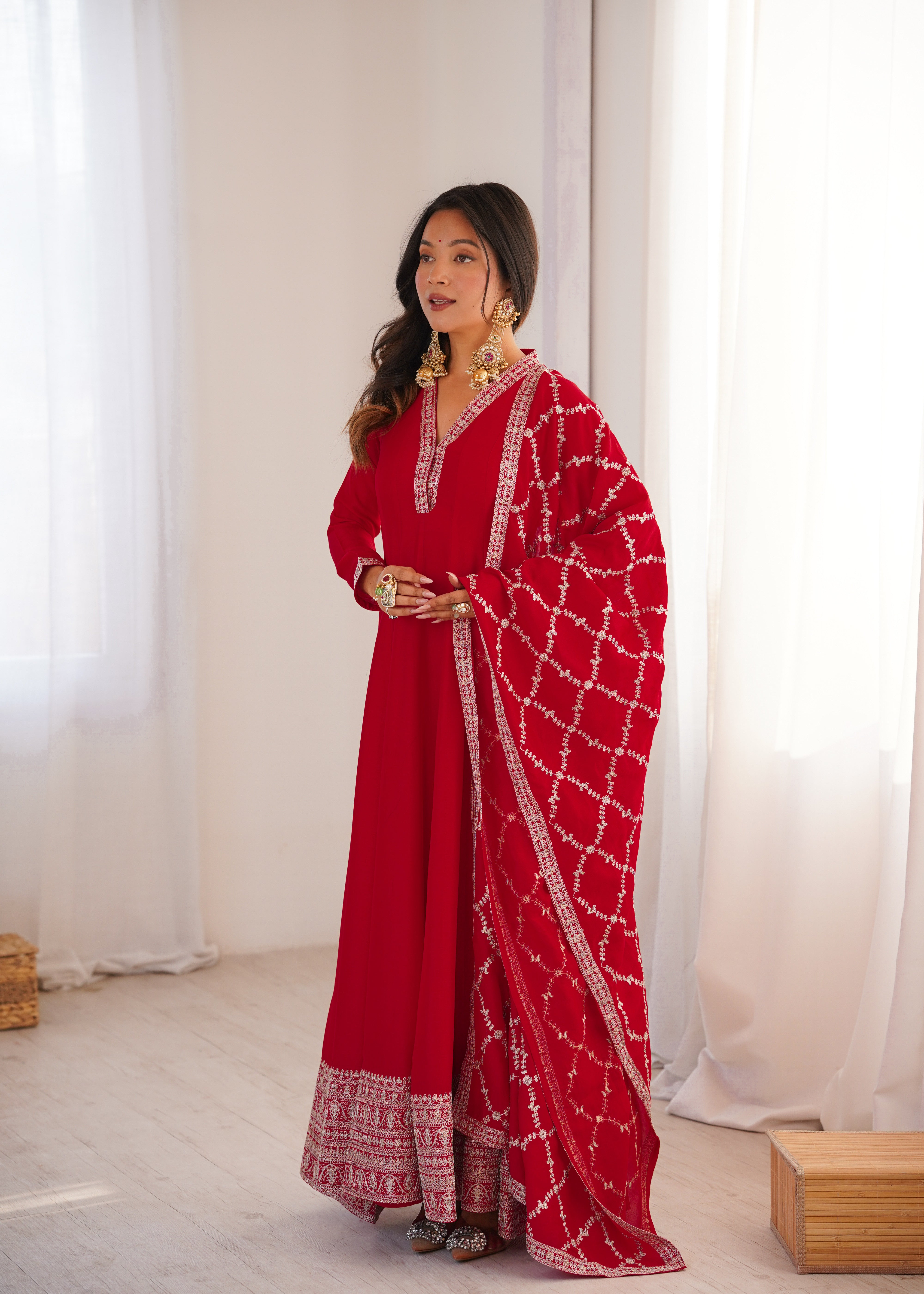 Red Embroidered Anarkali Suit Set with Dupatta – Festive & Party Wear