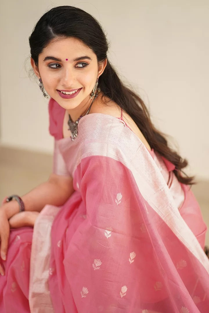 Women's Emerald Pink Saree with Silver Zari Border