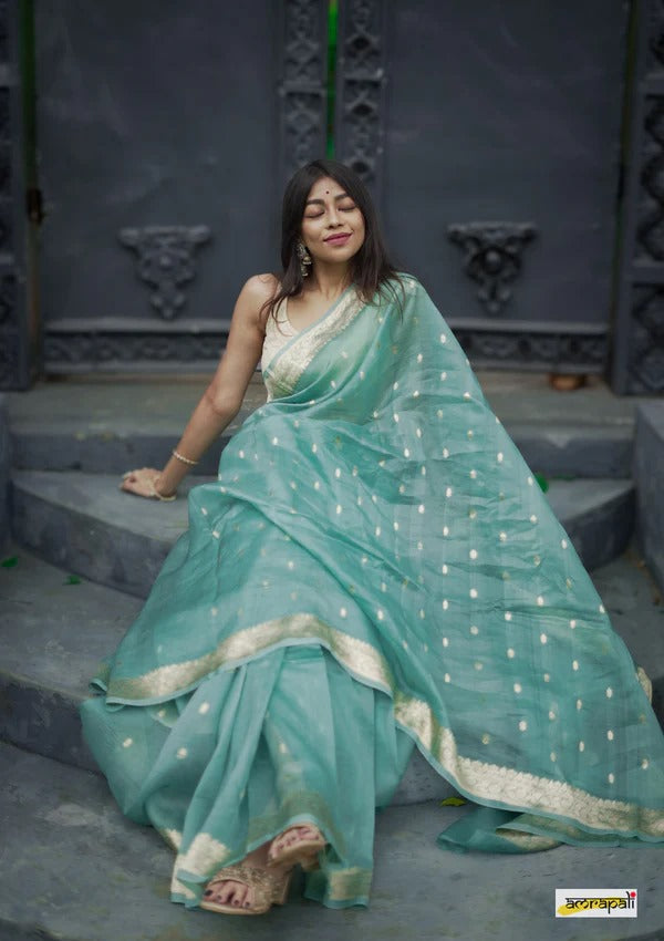 Women's Sea Green Silk Saree with Golden Zari Border