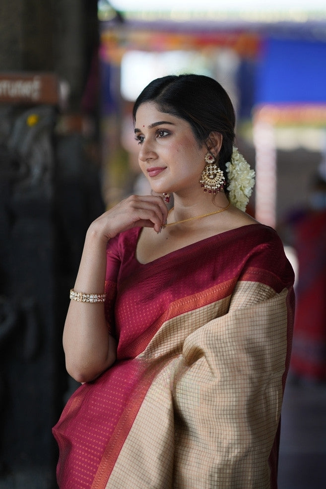 Beige Gold Banarasi Silk Saree with Maroon Contrast Border
