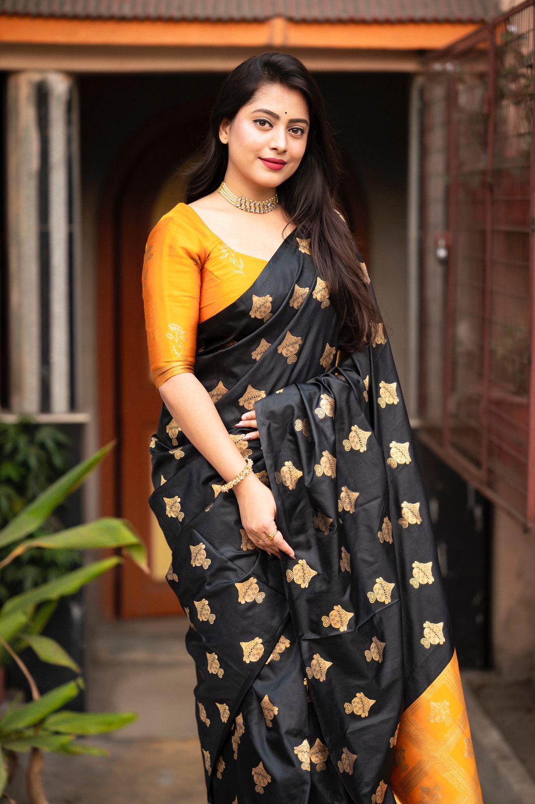 Women's Black Silk Blend Saree with Golden Woven Motifs & Mustard Yellow Contrast Pallu
