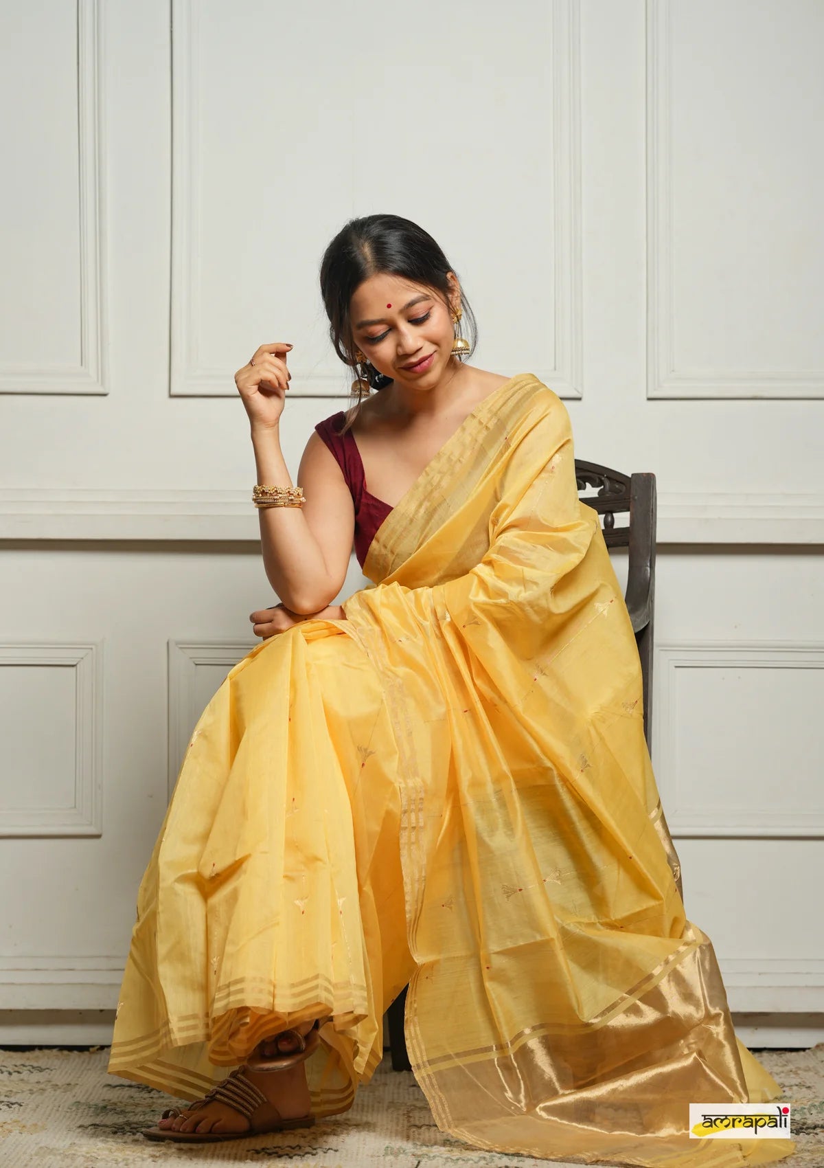 Women's Yellow Organza Saree with Golden Border