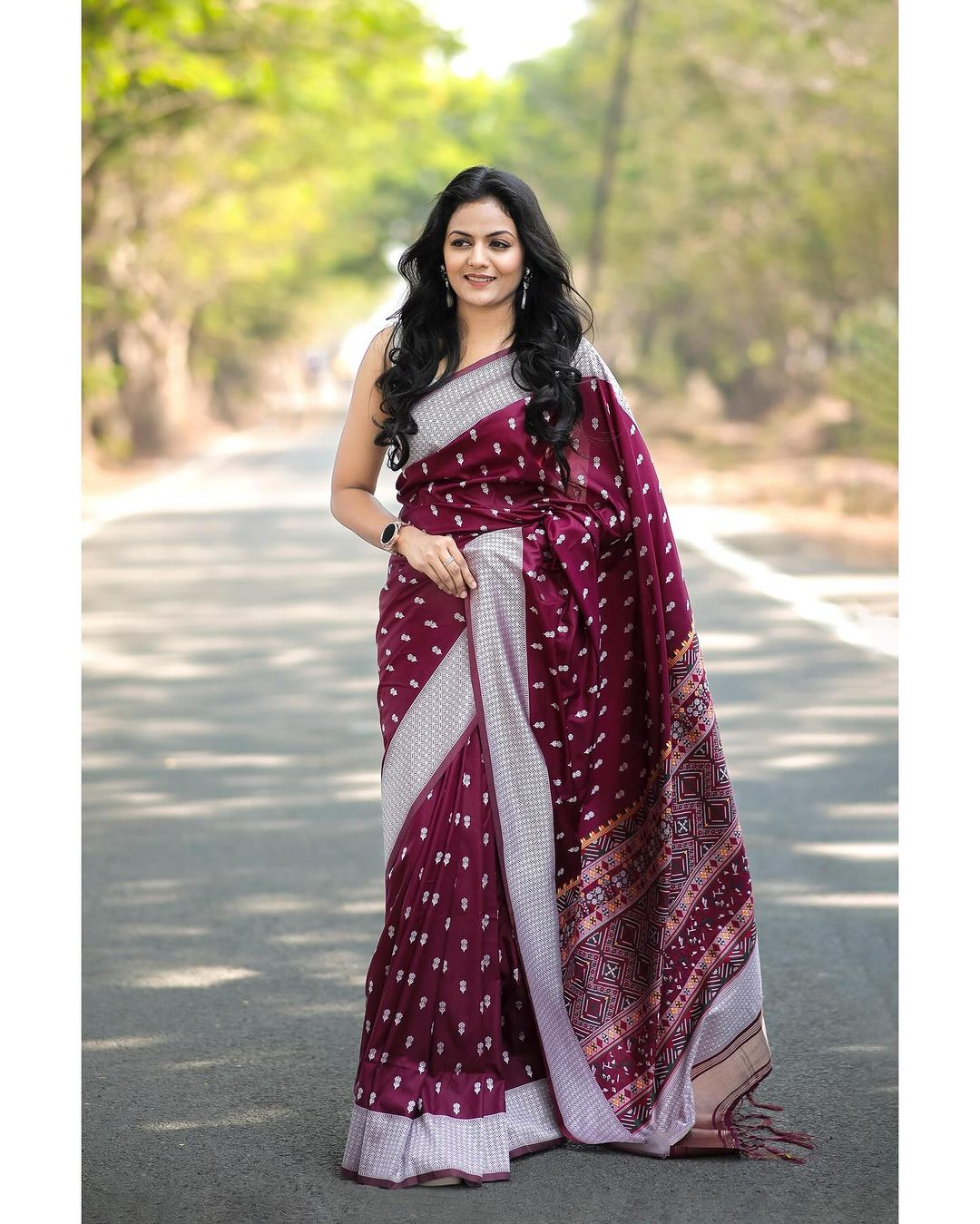 Women's Emerald Wine Printed Saree with Silver Border