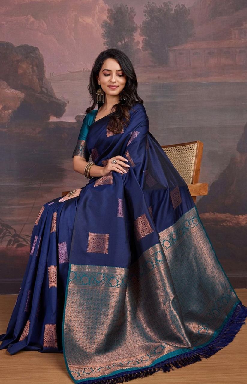 Women's Navy Blue Silk Blend Saree with Zari Woven Motifs & Rich Designer Border