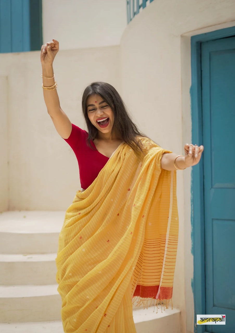 Women's Elegant Yellow Striped Saree with Contrast Red Blouse