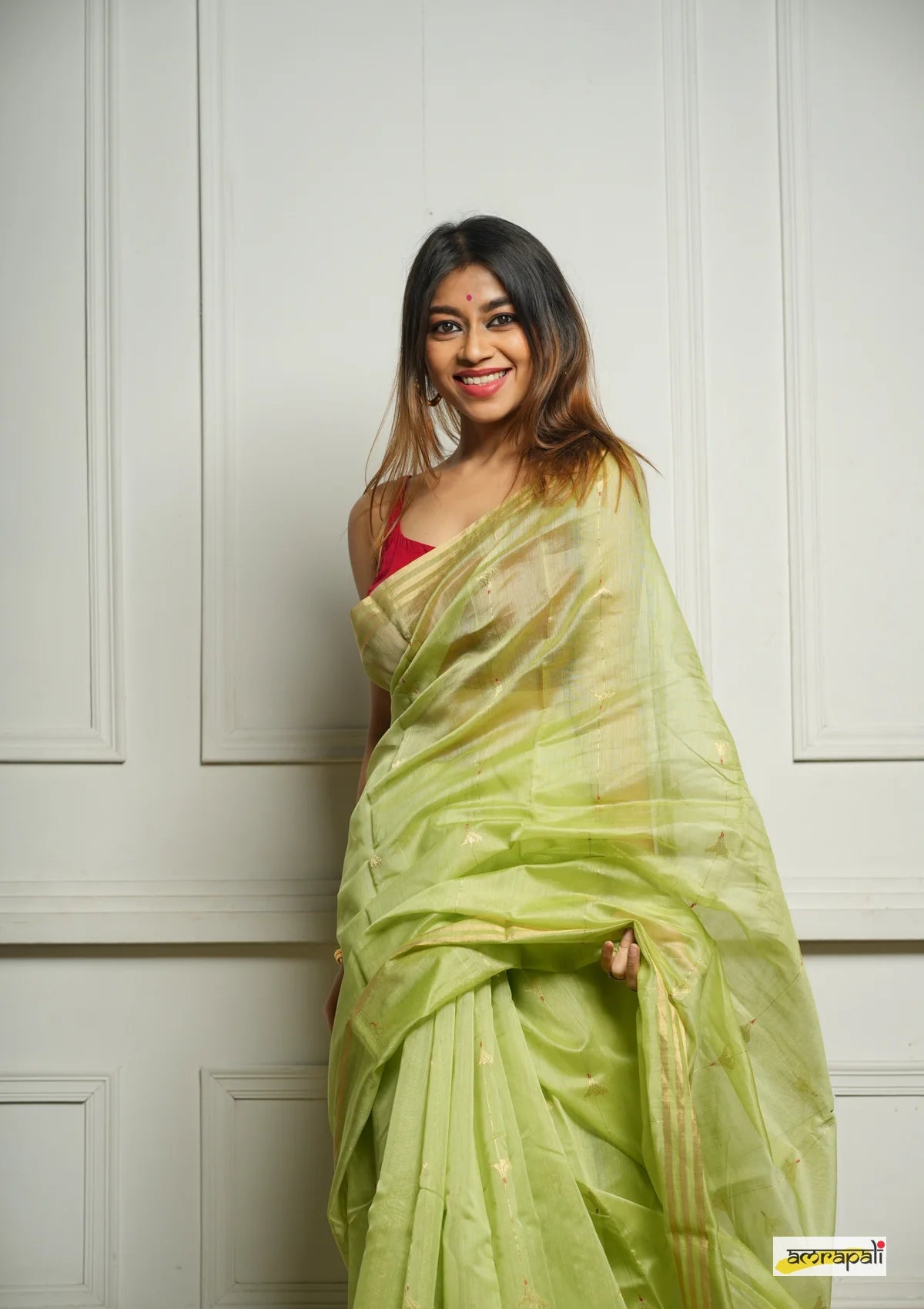 Women's Mint Green Organza Saree with Golden Border