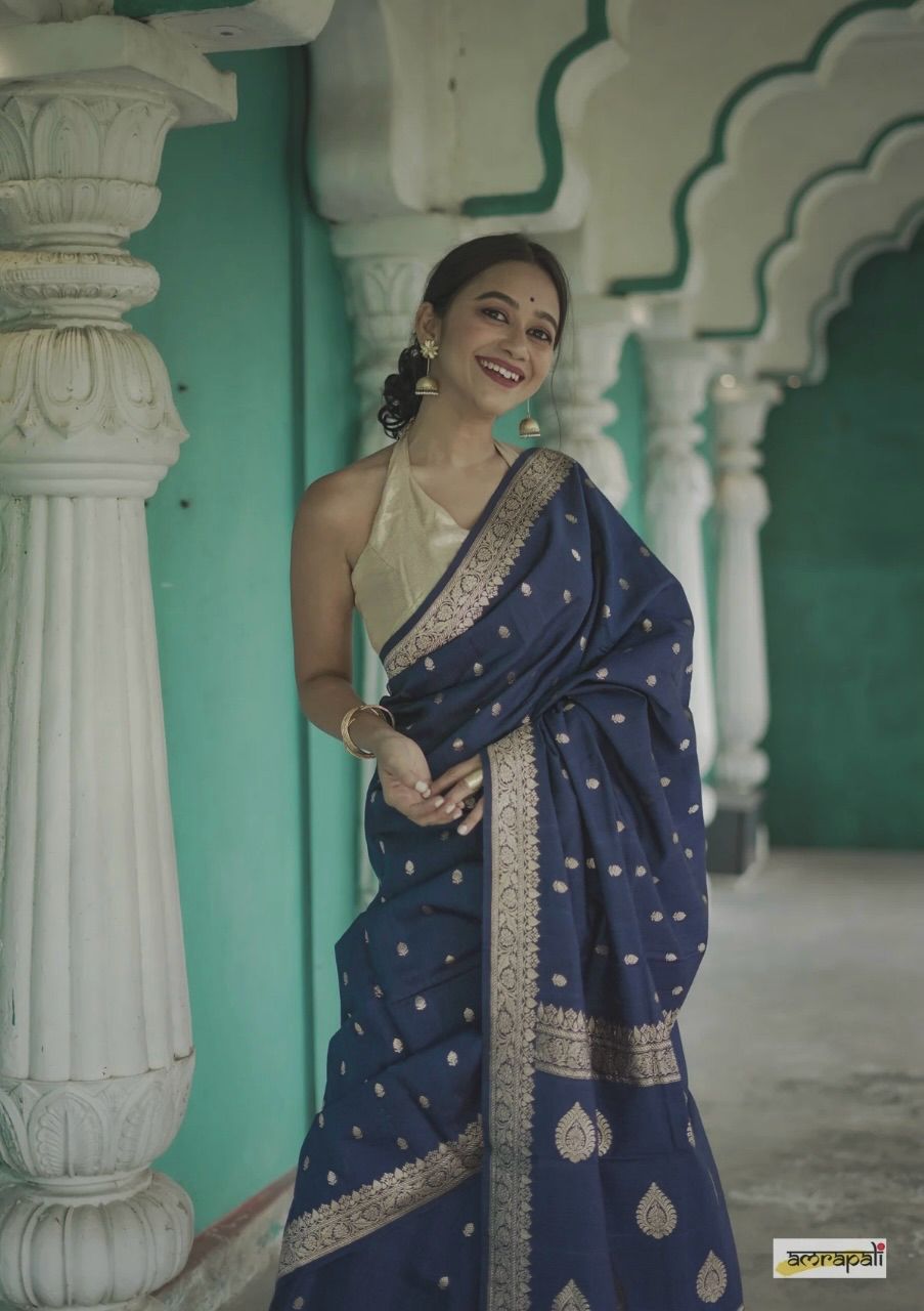 Women's Royal Blue Silk Saree with Golden Zari Border