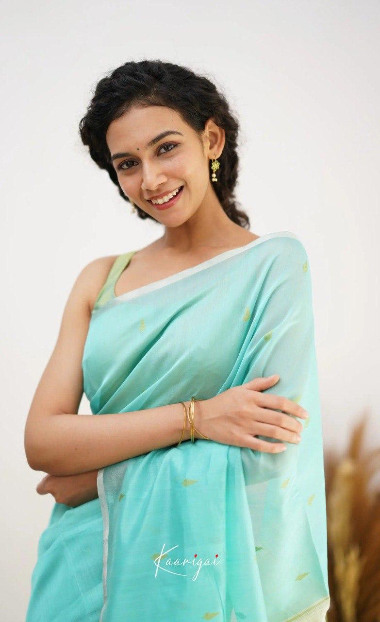 Women's Aqua Blue Organza Saree with Subtle Woven Motifs & Contrast Pastel Pallu