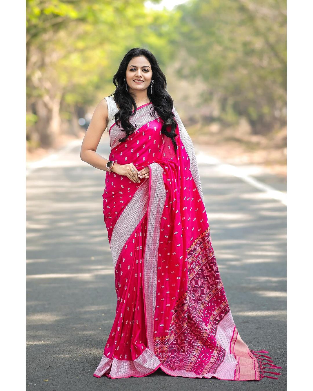 Women's Emerald Pink Printed Saree with Silver Border