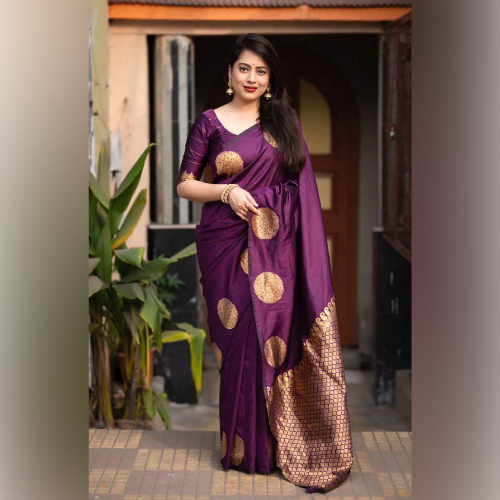 Elegant Wine Silk Saree with Gold Polka Motifs & Rich Designer Pallu