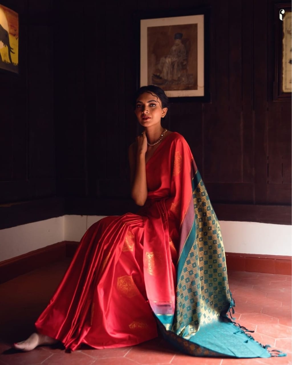 Elegant Crimson Red Silk Saree with Teal Designer Pallu & Zari Detailing