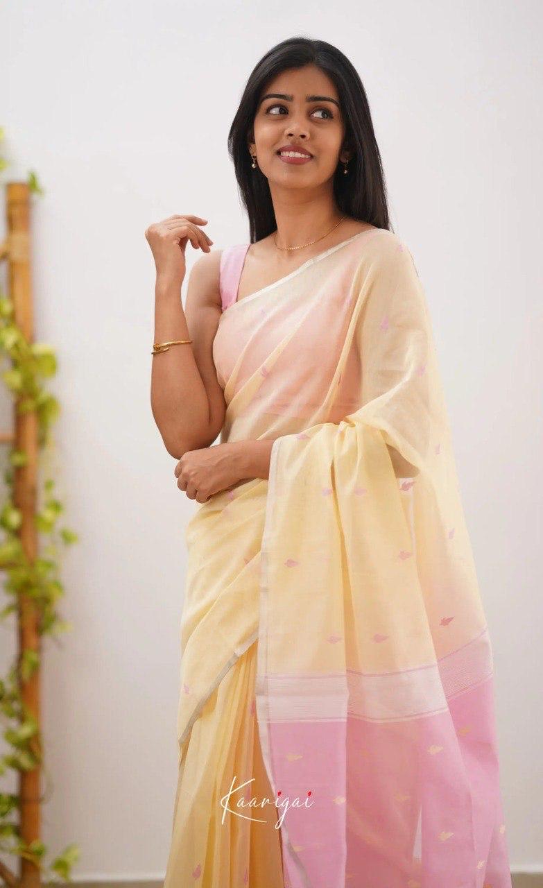 Women's Cream Organza Saree with Soft Pink Contrast Pallu & Delicate Woven Motifs