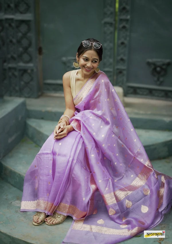Women's Lavender Silk Saree with Golden Zari Border