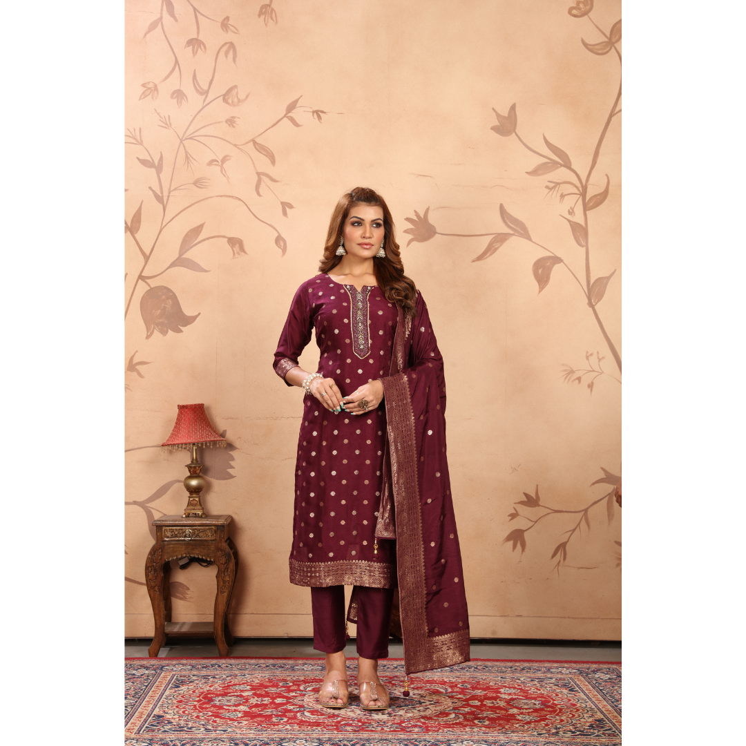 Ethnic Motifs Sequinned Chanderi Silk Kurta With Trousers & Dupatta