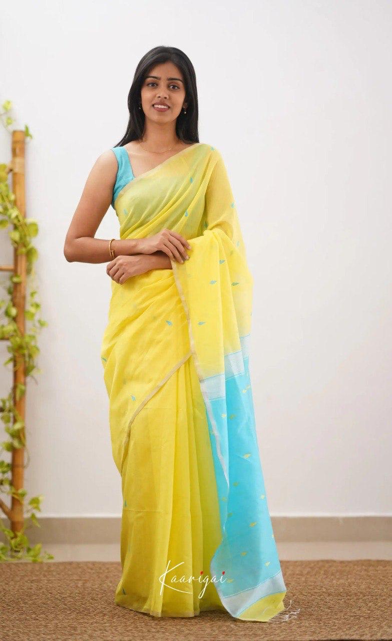 Women's Lemon Yellow Organza Saree with Sky Blue Contrast Pallu & Delicate Woven Motifs