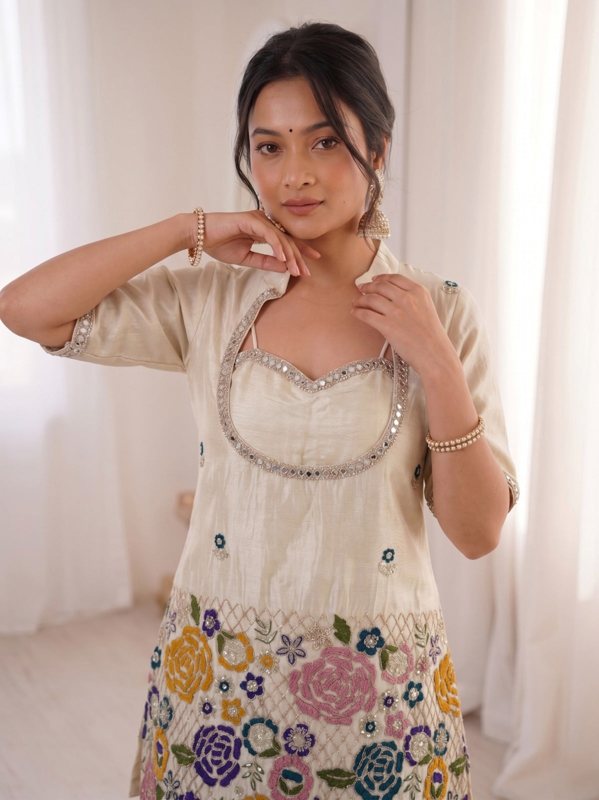 Ivory Floral Embroidered Kurta Palazzo Set