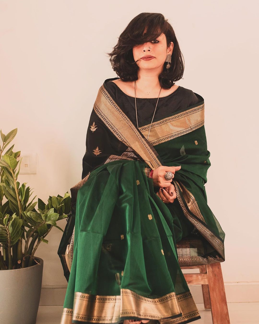 Women's Dark Green Silk Saree with Golden Zari Border