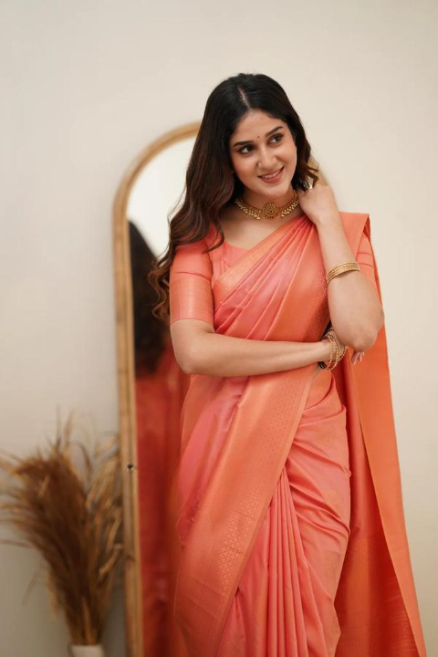 Women's Peach Silk Blend Saree with Elegant Solid Weave & Designer Border