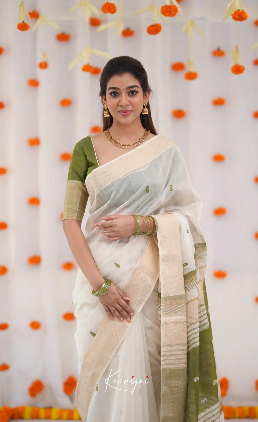 Women's White Saree with Olive Green Border