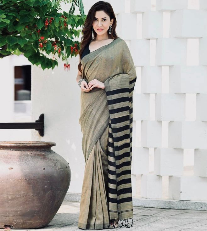 Women's Elegant Olive Grey Saree with Black Striped Pallu