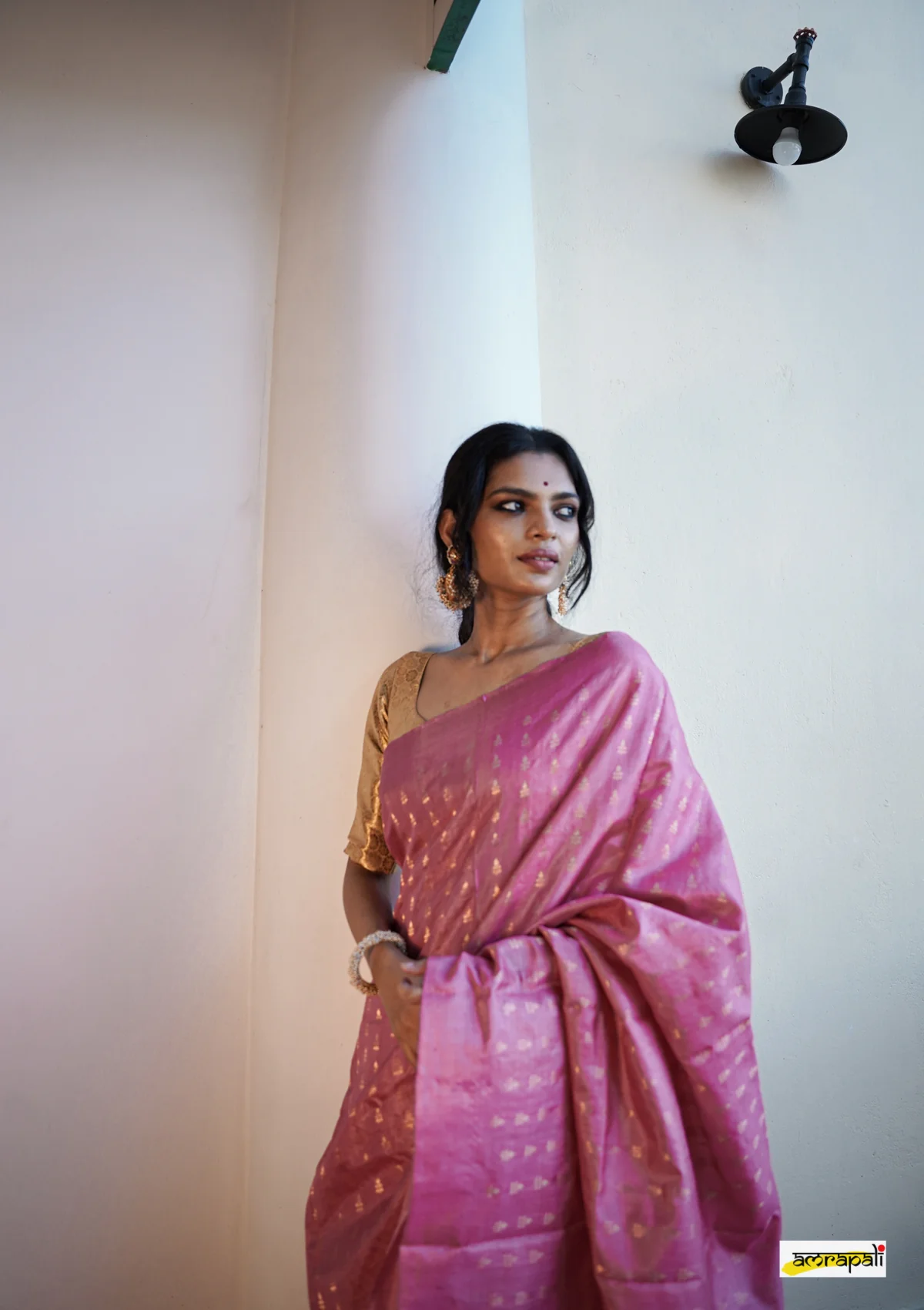 Women's Rose Pink Silk Blend Saree with Golden Woven Motifs & Designer Tassel Pallu