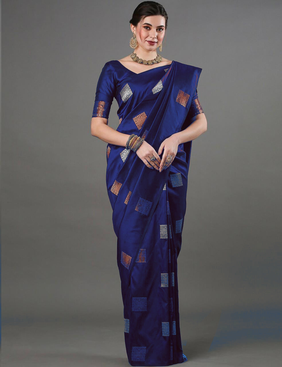 Royal Blue Banarasi Style Silk Saree with Rich Copper Zari Border