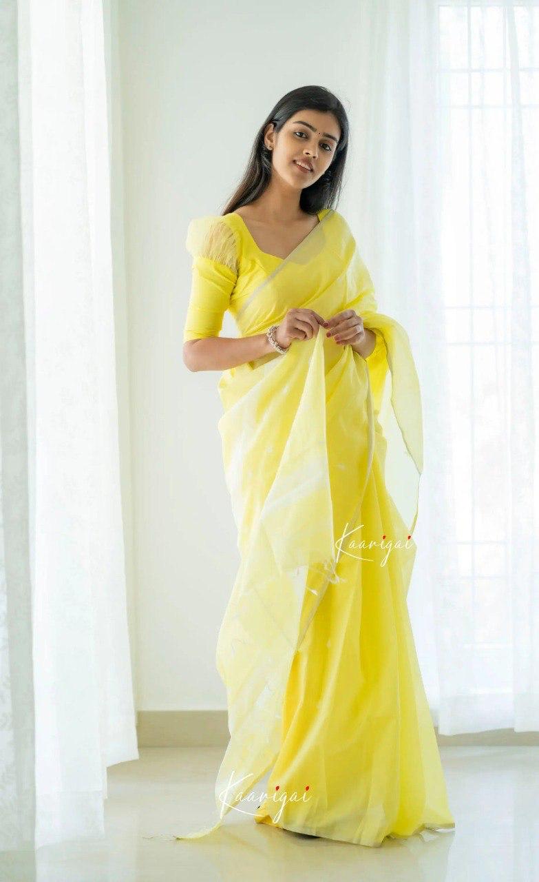 Women's Lemon Yellow Organza Saree with Minimal Woven Motifs & Elegant Border
