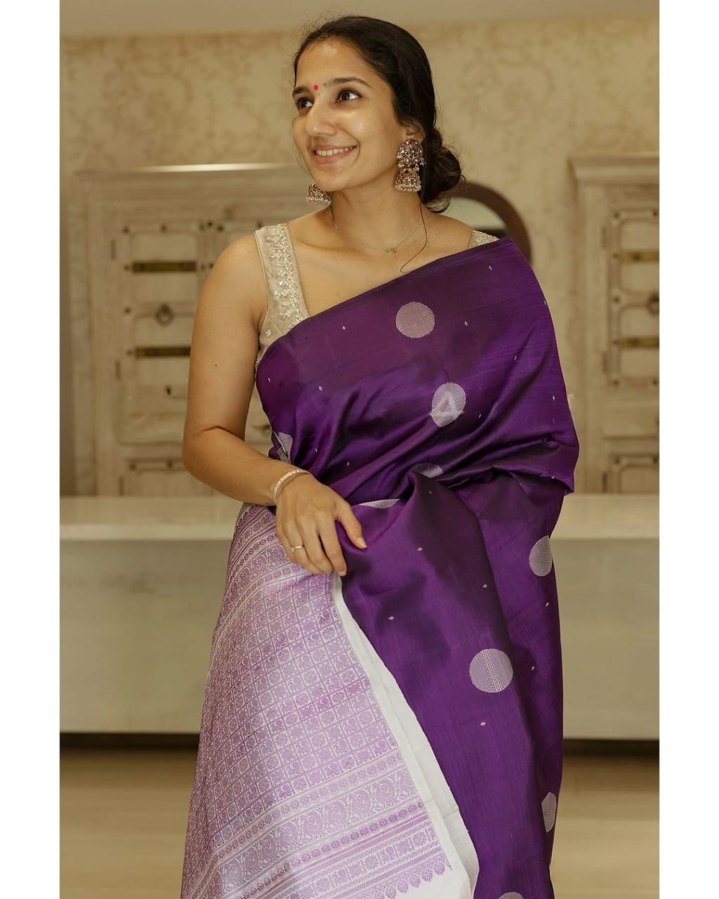 Royal Purple Silk Saree with Silver Zari Polka Motifs & Rich Woven Border