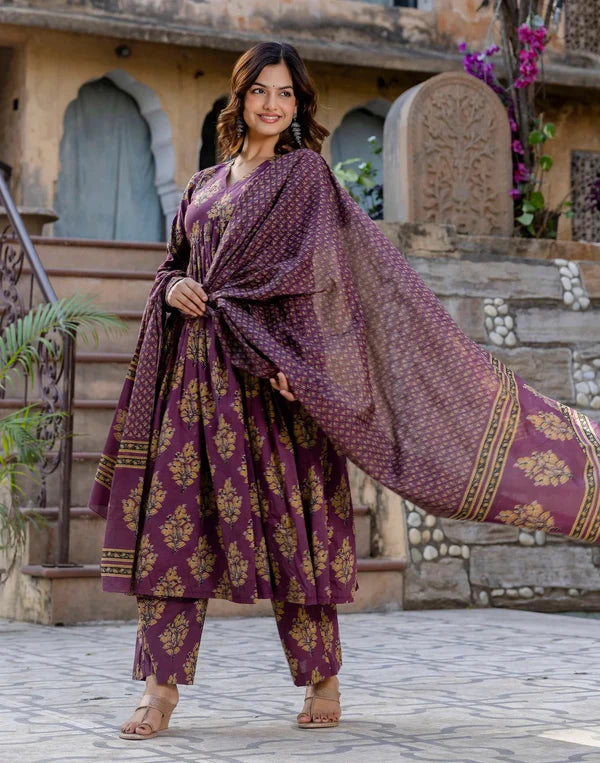 Wine Purple Floral Printed Anarkali Kurta Set with Dupatta – Elegant Festive Wear