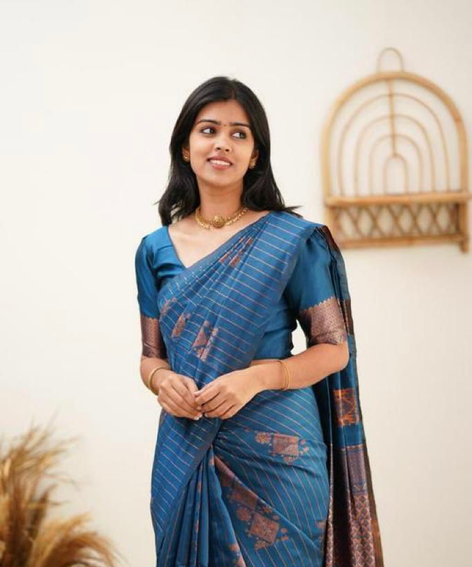 Royal Teal Blue Designer Saree with Copper Woven Pattern