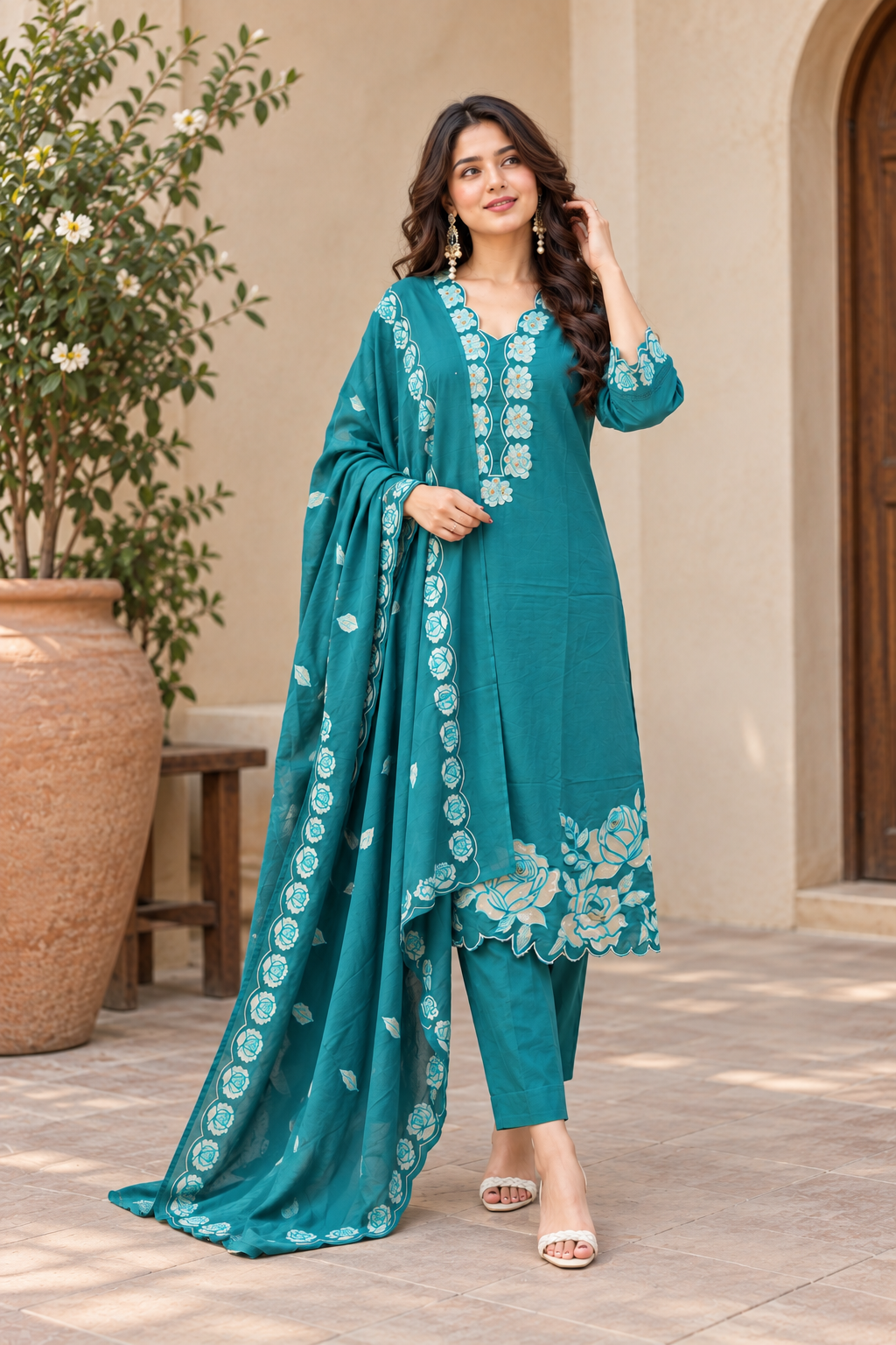 Teal Floral Embroidered Straight Kurta Set with Dupatta