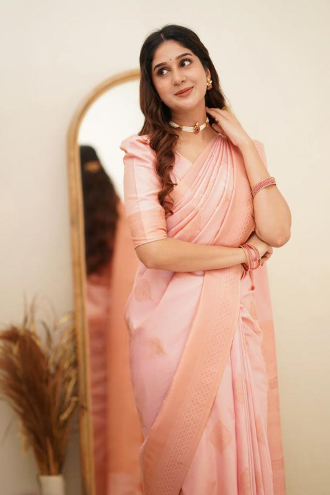 Women's Light Peach Silk Blend Saree with Elegant Solid Weave & Designer Border